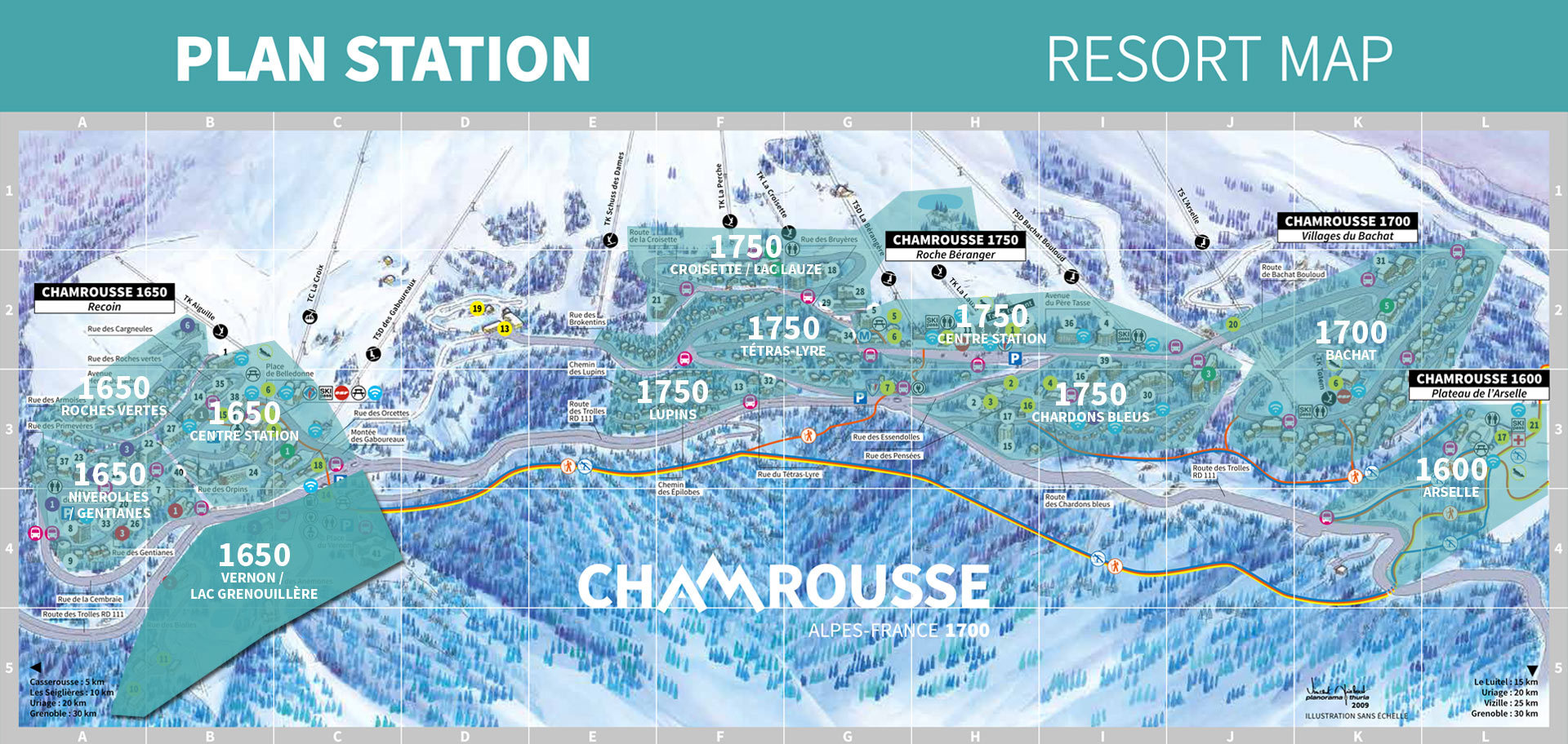 Chamrousse plan station zone 1650 vernon lac grenouillère quartier station ski montagne grenoble isère alpes france