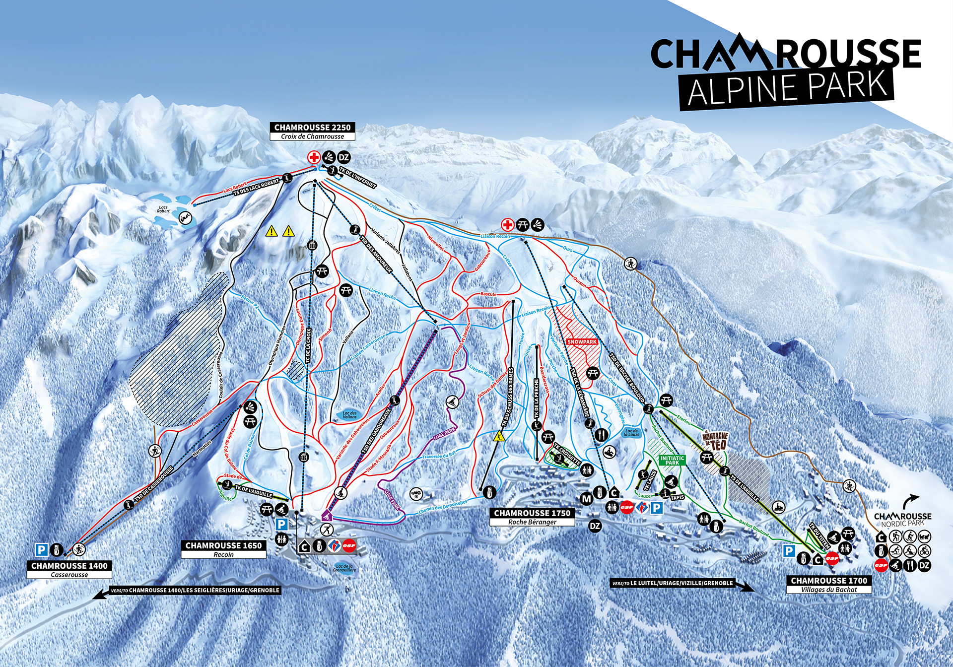 Chamrousse Alpin-Skigebiet Karte Alpin-Skifahren Winter 2023 Gebirgsort Grenoble Isere Französische Alpen Frankreich