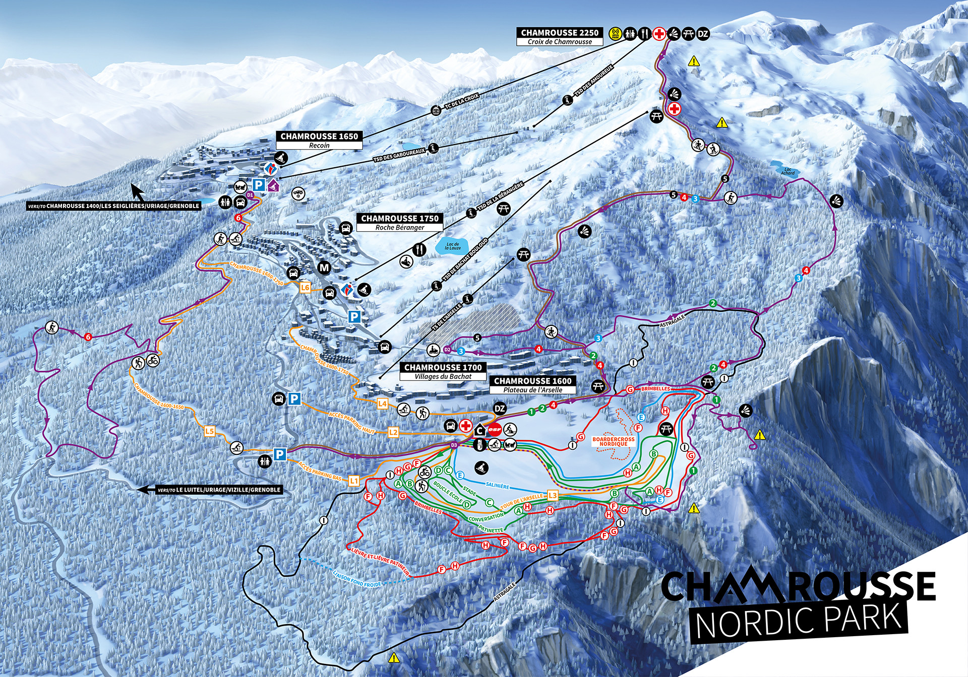 Chamrousse Nordic Park Langlaufkarte Langlaufloipen klassisch und Skating Pisten Winter 2023 Skigebiet Grenoble Isere Französische Alpen Frankreich