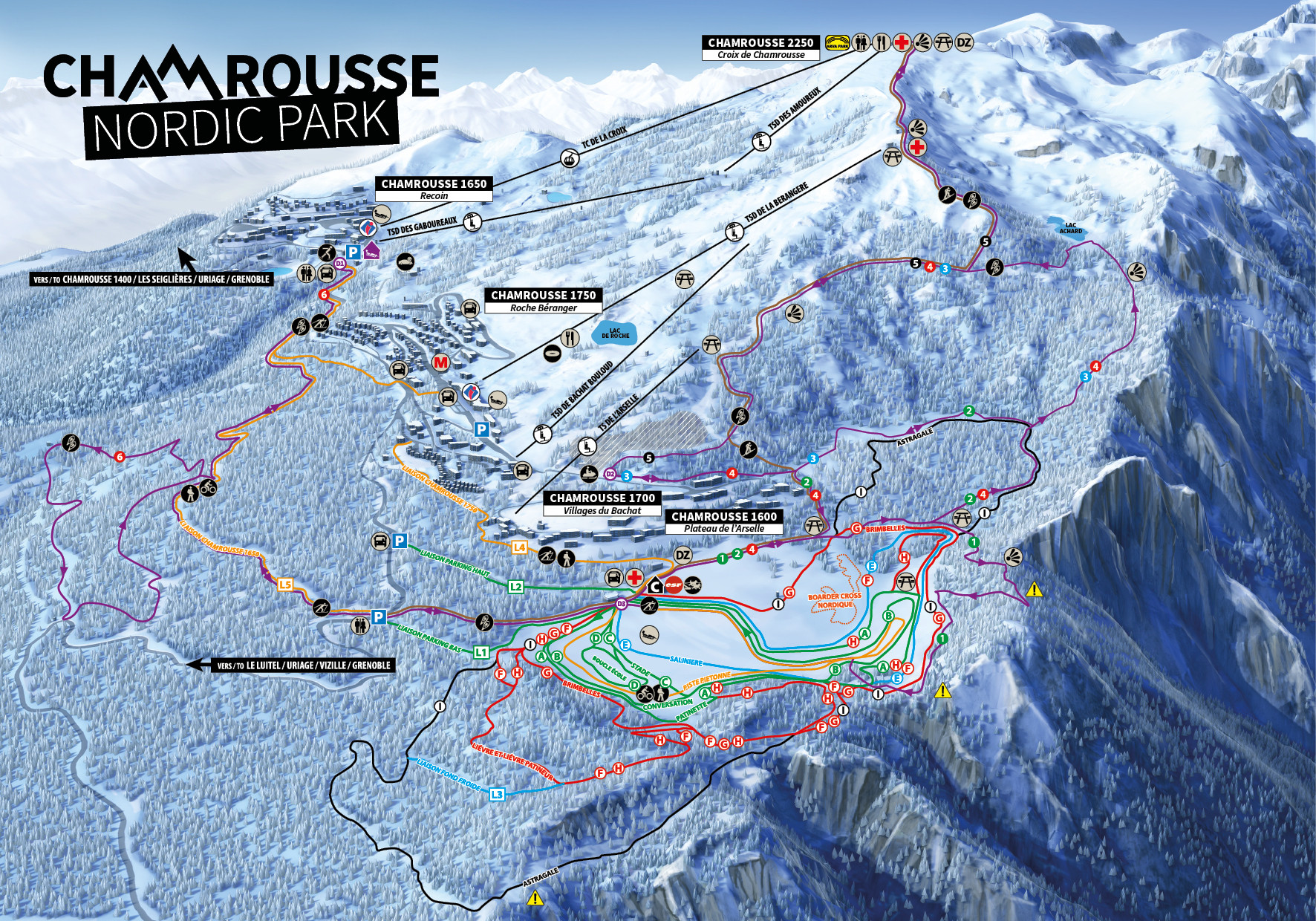 Chamrousse plan ski fond nordique sentier piéton raquettes itinéraire hiver 2021-2022 station montagne grenoble isère alpes france
