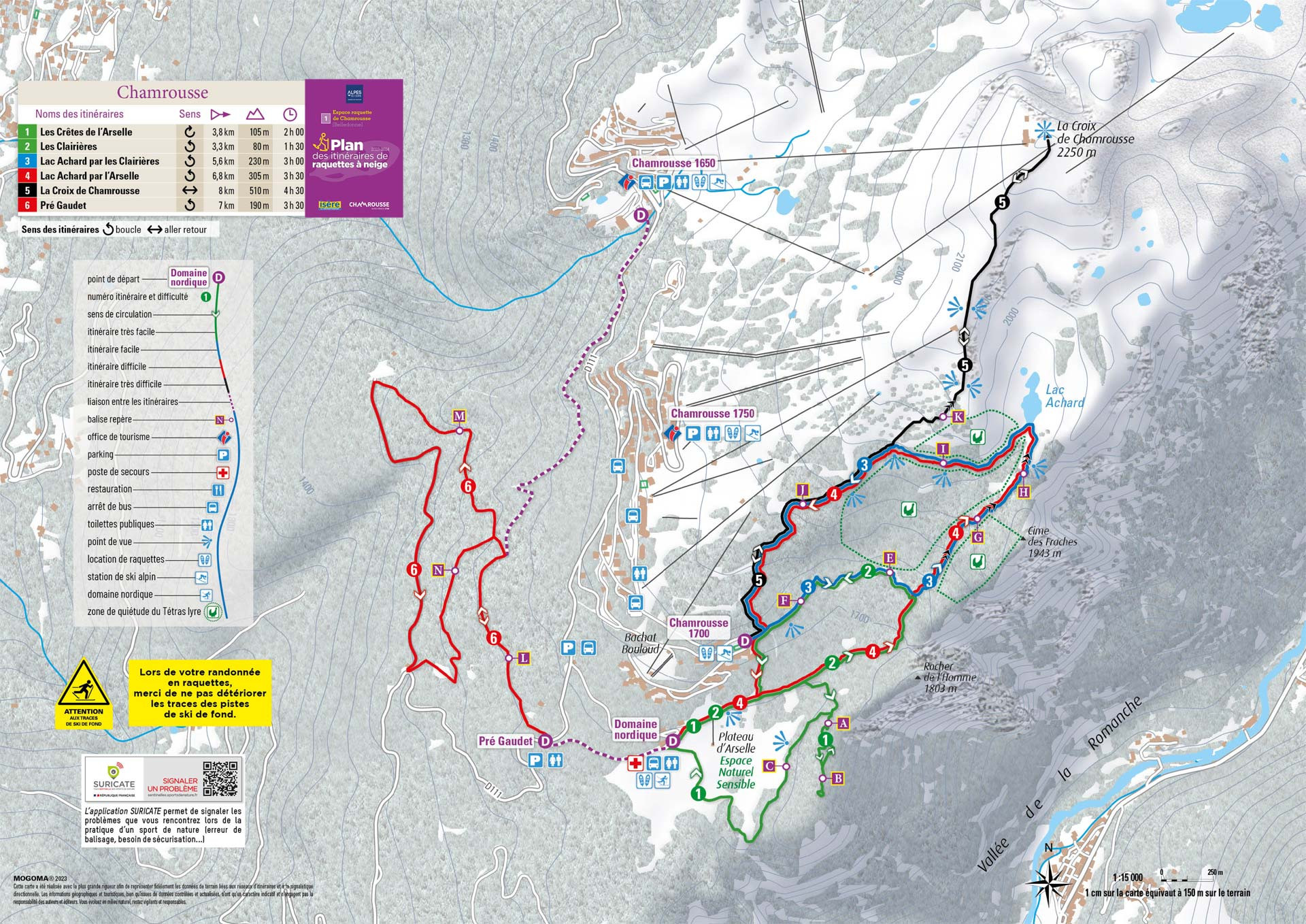 Chamrousse plan itinéraire sentier balade raquette neige domaine nordique plateau arselle 1600 station ski montagne grenoble isère alpes france