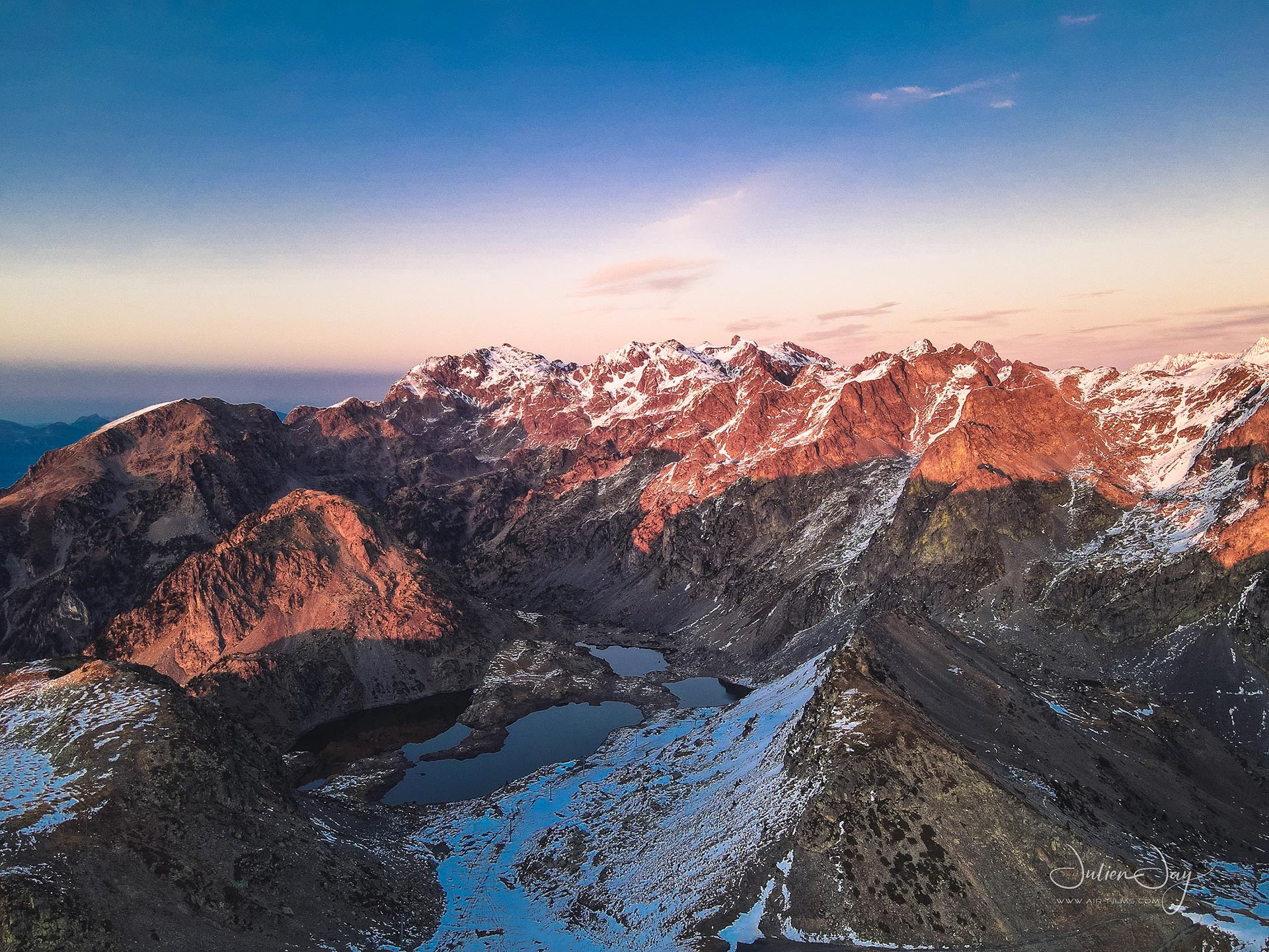 Chamrousse Robert lakes sunset drone photo - © Julien Jay Chamrousse Robert lakes spring melting snow sunset drone photo mountain resort grenoble isere french alps france
