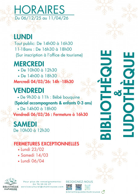Chamrousse library / toy library opening hours winter 2025-2026