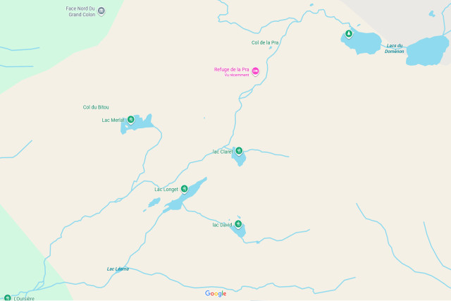 Lakes on stage 10 of the Haute traversée de Belledonne - GR®738: from Chamrousse to the Pra refuge - © Google Maps Lakes on stage 10 of the Haute traversée de Belledonne - GR®738: from Chamrousse to the Pra refuge