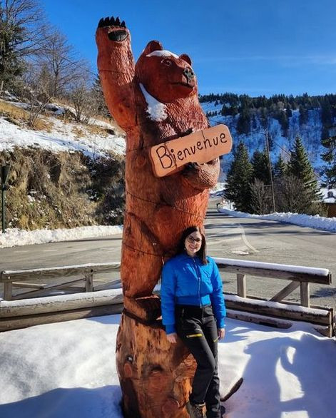 Chamrousse entrance resort bear sculpture winter ski resort mountain grenoble isere french alps france