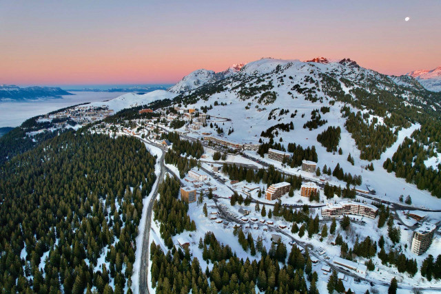 Chamrousse sunset drone view roche béranger ski resort montagne belledonne grenoble isere french alps france