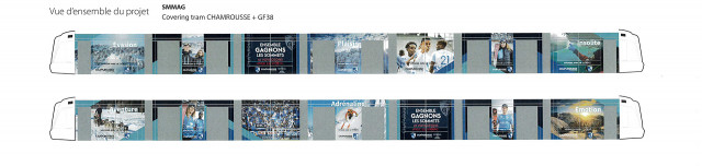 Tram with Chamrousse and Grenoble football club GF38 logo