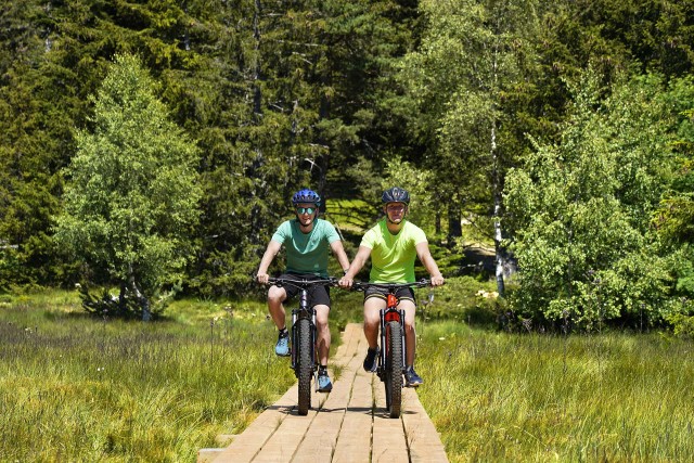 Vélo tout terrain électrique passerelle bois montagne Chamrousse