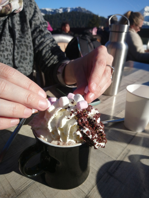 Chamrousse chamallow coffee break pushchair Salinière restaurant arselle plateau mountain ski resort grenoble isere french alps france