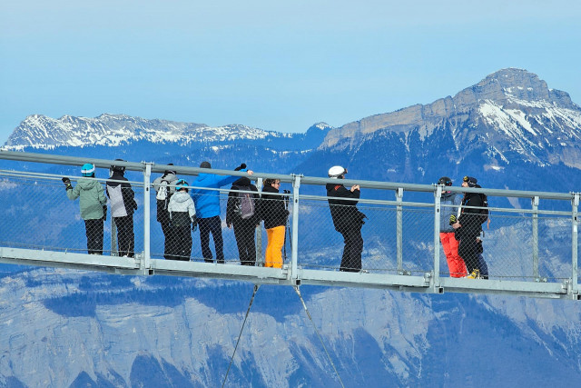 Chamrousse himalayan footbridge suspension bridge panoramic park summit winter ski resort mountain grenoble isere french alps france