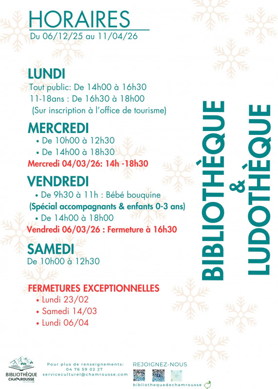 Chamrousse library / toy library opening hours winter 2025-2026
