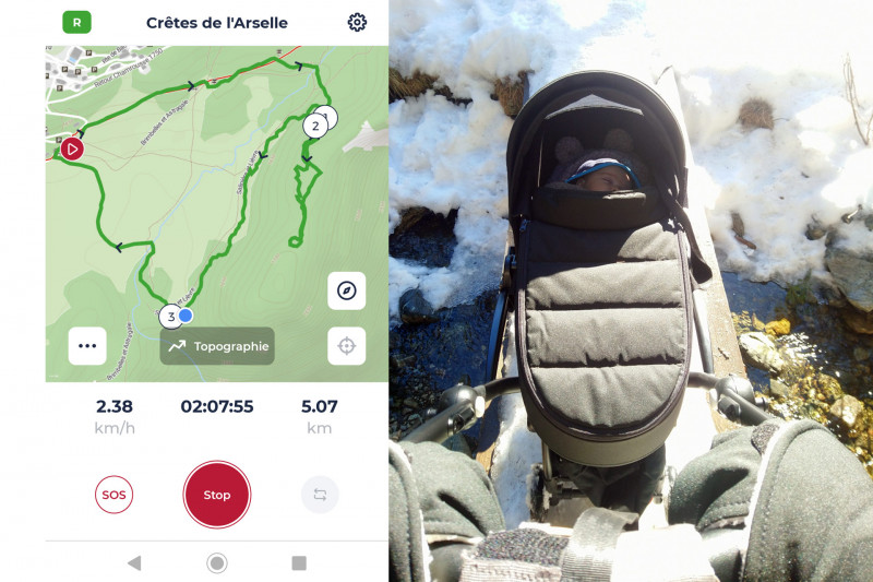 Chamrousse baby snow walk experience pushchair mini-skis snowshoe trail On Piste app guide mountain ski resort grenoble isere french alps france