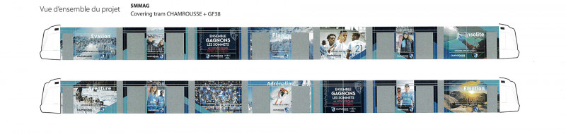 Tram with Chamrousse and Grenoble football club GF38 logo