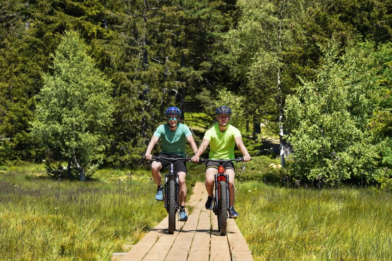Vélo tout terrain électrique passerelle bois montagne Chamrousse