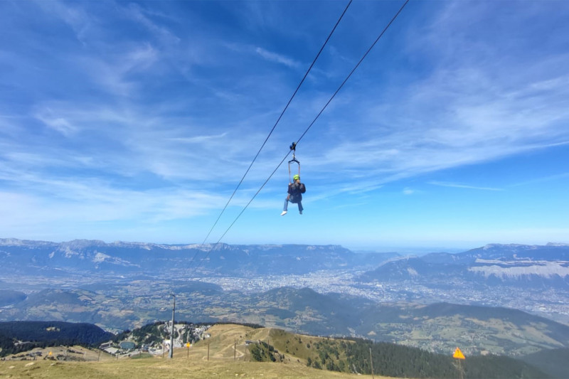 Chamrousse experience test giant zip line Adrenaline Park summer mountain resort grenoble belledonne isere french alps france