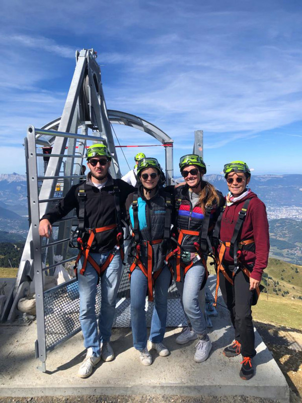 Chamrousse summer giant zipline test experience Adrenaline Park departure group photo mountain resort grenoble isere french alps france