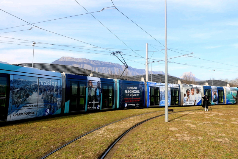 Tram with Chamrousse and Grenoble football club GF38 logo