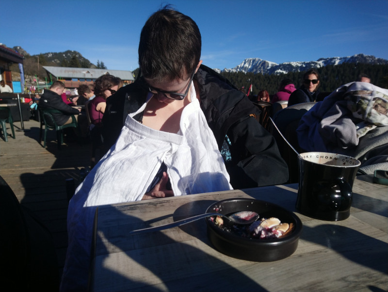 Chamrousse baby feeding and mother's snack raspberry meringue tart Salinière restaurant Arselle plateau nordic park mountain ski resort grenoble isere french alps france