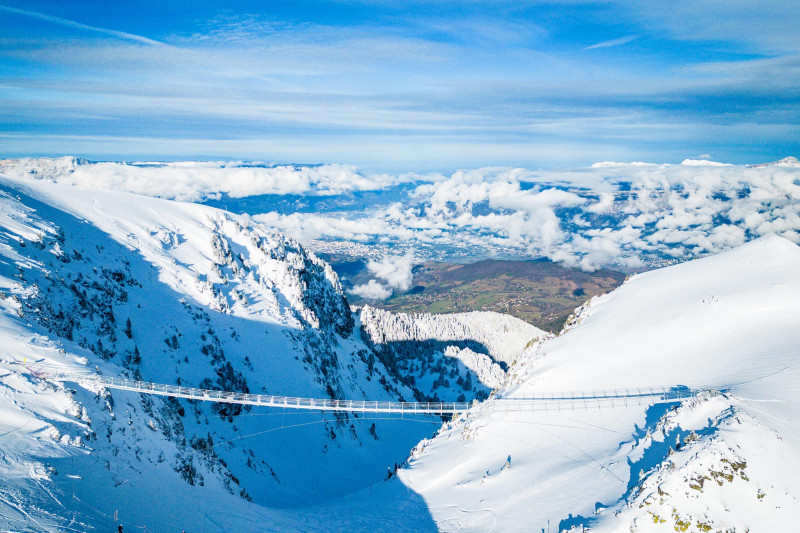 Chamrousse himalayan footbridge summit winter ski resort mountain grenoble isere french alps france