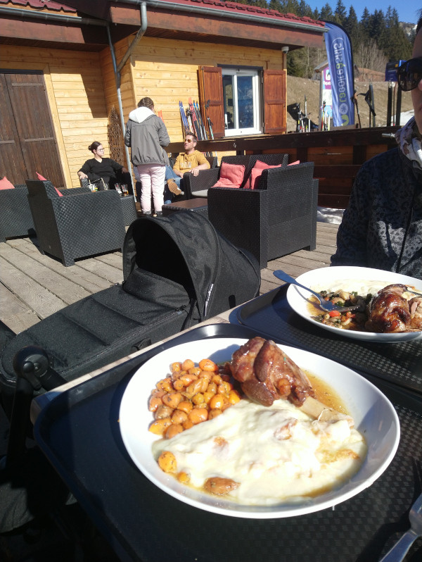 Chamrousse pushchair lunch break Salinière restaurant arselle plateau mountain ski resort grenoble isere french alps france