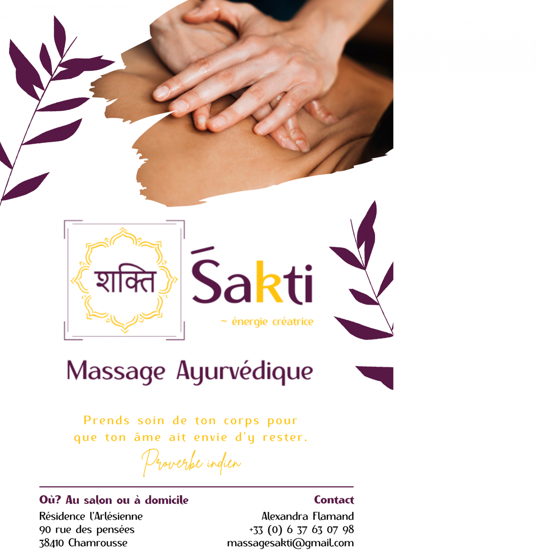 Sakti - Massage ayuverdique flyer recto - © Alexandra Flamand Sakti - Massage ayuverdique flyer recto