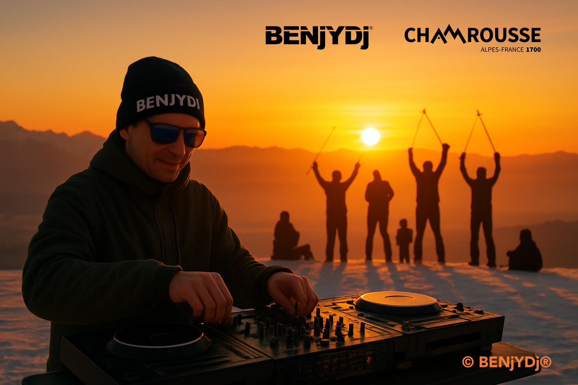 Coucher de soleil au sommet de la Bérangère avec BENjYDj® Chamrousse - © IA Gemini Coucher de soleil au sommet de la Bérangère avec BENjYDj® Chamrousse