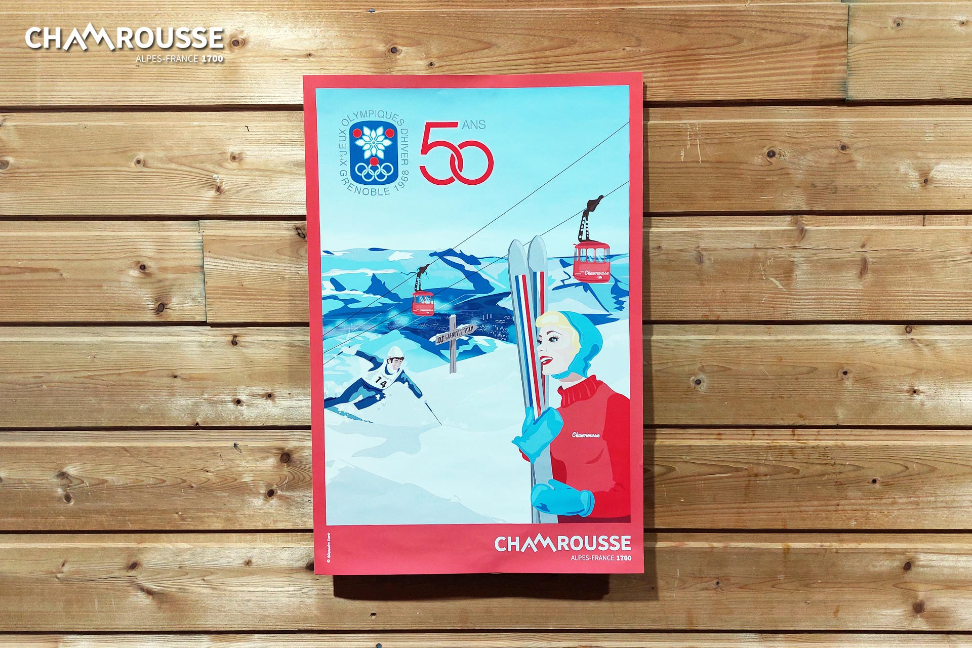 Chamrousse poster anniversary olympic games jo alexandra davis souvenir shop resort ski mountain grenoble isere french alps france